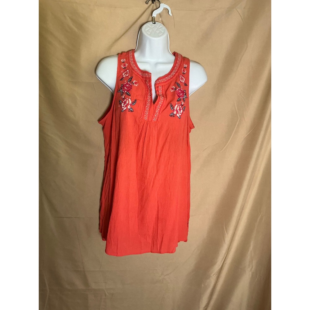Terra Sky Embroidered Tank Top Womens 0X 14W Coral Excellent Boho Floral Split V